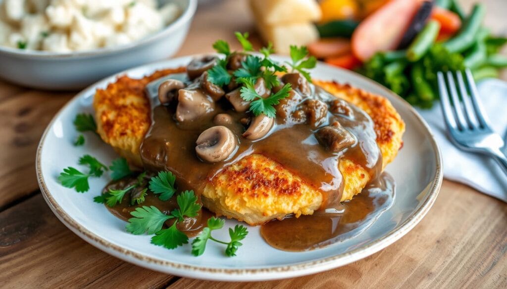 beef schnitzel with mushroom gravy